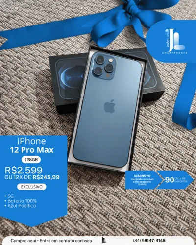 IPHONE 12 PRO MAX, 128GB, AZUL PACÍFICO, BAT 100%, NA CAIXA, SEMINOVO, EXCLUSIVO!
