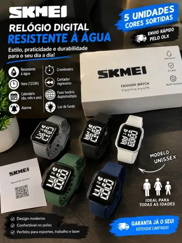5 unidades Relógio Digital SKMEI Masculino/Feminino Resistente à Água - 5 Cores