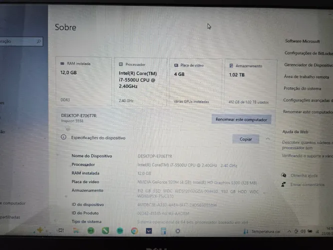 Notebook Dell Inspiron 5558 i7 - 12GB RAM - SSD + HD