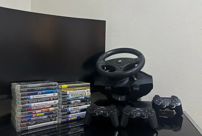 Ps3 Slim+Thurtmaster T80 + Lote jogos+3 controles