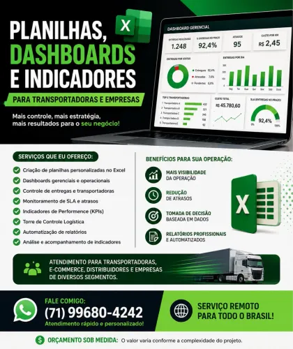 PLANILHAS, DASHBOARDS E INDICADORES PARA TRANSPORTADORAS E EMPRESAS 