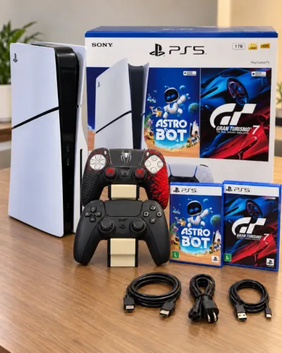 PS5 Slim 1TB Mídia Física + 2 Controles + 2 Jogos + Acessórios