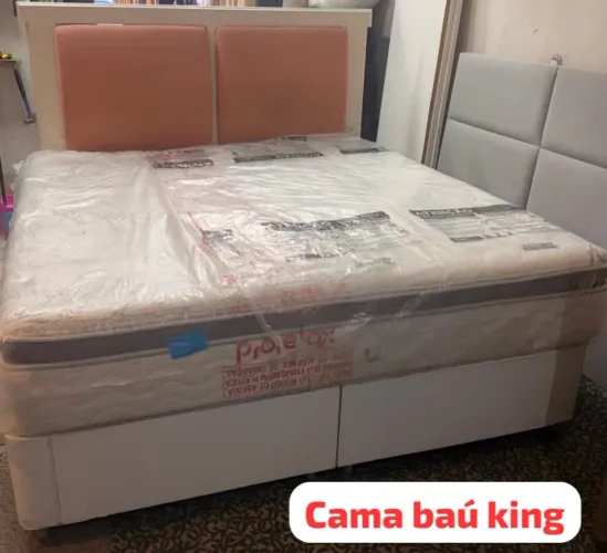 Cama box baú king + colchão + cabeceira 