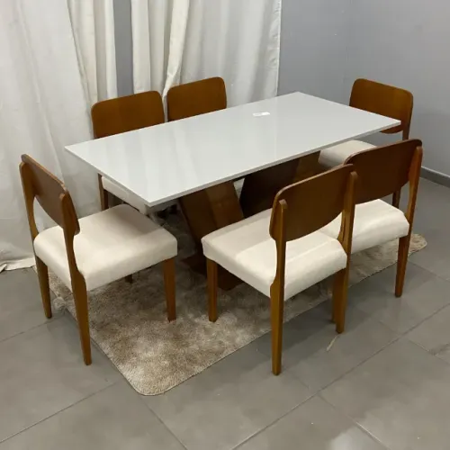 Mesa de Jantar Classic 160x80cm com Vidro e 6 Cadeiras Barcelona em Linho Madeira Cel Móve