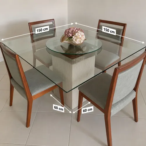 Mesa de Jantar de Vidro 10mm 1,50x1,50m + 6 Cadeiras