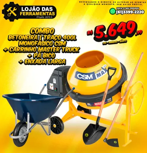 Combo Betoneira 400l Com Moto Csm + Carrinho de Mão Master truck + Pá Bico + Enxada Larga