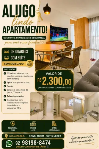 Alugo lindo Apto 02 quartos (sendo 01 suíte) - Cond. Turim Ponta Negra - Semi Mobiliado