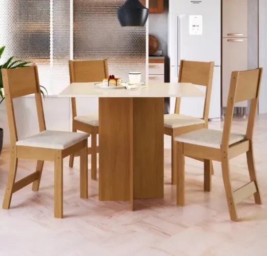 Conjunto Sala de Jantar Verona 91,8 cm com 4 Cadeiras Linho Bege