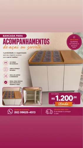 Bancada para acompanhantes de açaí e sorvete + 12 cubas em acrílico