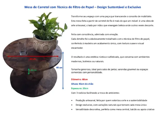 Mesa de Carretel com Técnica de Filtro de Papel - Design Sustentável e Exclusivo