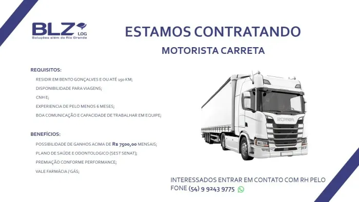 Estamos contratando Motorista de Carreta