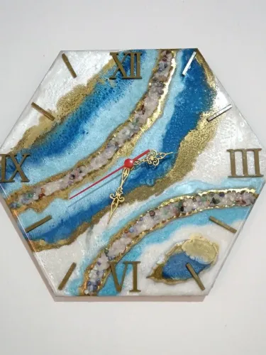 Relógio de Parede Geodo Turquesa Puro Luxo Artesanal de Resina Pedras e Cristais quartzo 