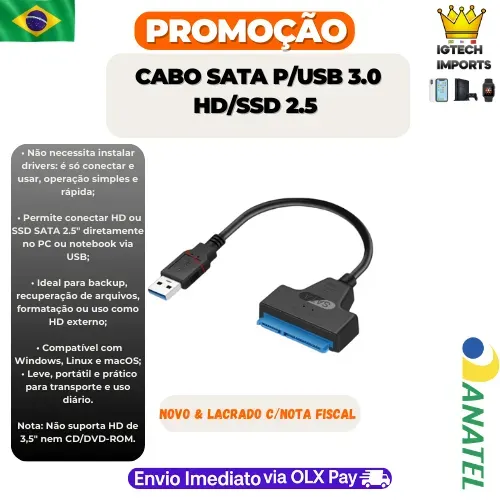 Cabo Adaptador USB 3.0 para HD/SSD SATA 2.5 - Novo, Original e Pronto para Uso