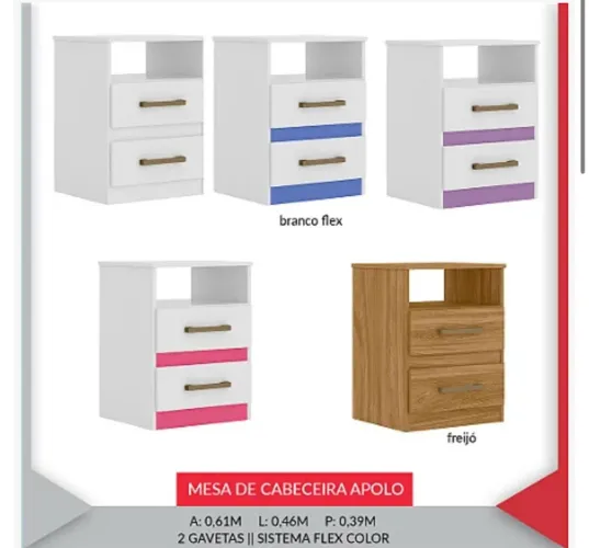 Mesa de Cabeceira Apolo com Gavetas e Cores Flex