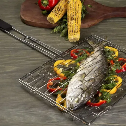 Grelha Flexível Antiaderente Aço Cromado e cabo em Madeira ideal Carne Legumes Peixe Prana
