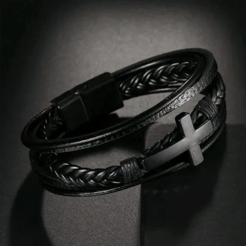 Pulseira Masculina Cruz Preta Couro