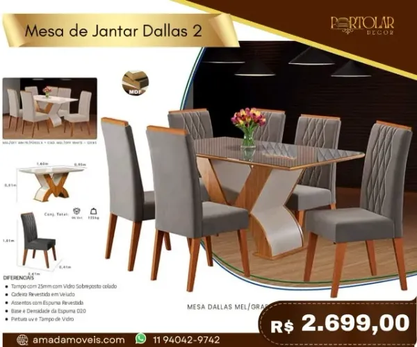 Mesa de Jantar Dallas 2, a pronta entrega