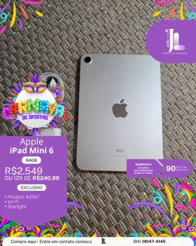IPAD MINI 6, 64GB, STARLIGHT, SEM CAIXA, SEMINOVO, EXCLUSIVO!