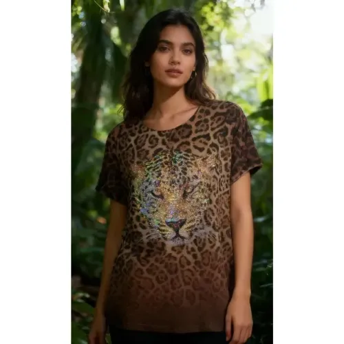 Camiseta Feminina T-shirt Estampa Leopardo - EGG / 50 - Malha 100 % Poliéster Confortável