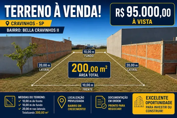 Terreno 200 m² à Venda no Bella Cravinhos II R$ 95.000 à Vista