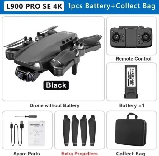 Drone l900 pro SE preto kit com controle bateria bateria bag acessório e cabos