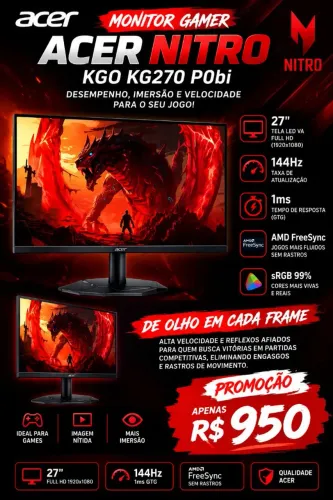Promoção LACRADO NA CAIXA Vendo Monitor Gamer 27" Acer Nitro KGO KG270 VA FHD 144Hz