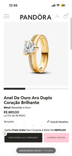 ANEL PANDORA ORIGINAL BANHADO A OURO 14K