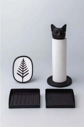 Kit cozinha, porta papel toalha com cabeça de gato, porta sabonete e dois porta esponjas.