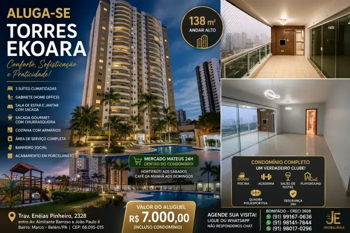 Torrres Ekoara, Alugo excelente apto c/área:138m², 3 suites, sacada gourmet