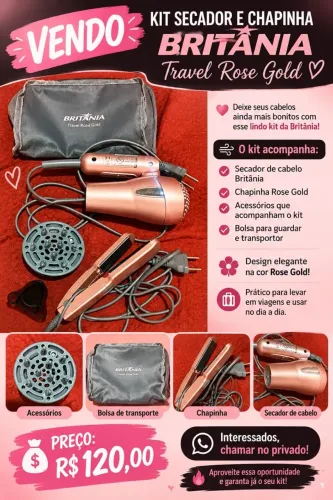 Vendo Kit Secador e Chapinha Britânia Travel Rose Gold