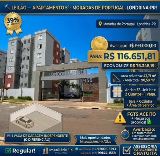 ? LEILÃO ? APARTAMENTO 5º · MORADAS DE PORTUGAL, LONDRINA-PR! 39% DE DESCONTO!
