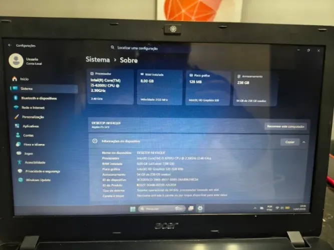 Notebook Acer F5-573-521B Intel Core I5-6200U - 8GB RAM - NVME 240GB