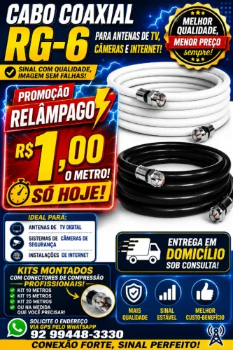Cabo coaxial RG-6 para Antenas, Internet e Câmeras. 