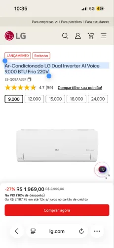 Ar Condicionado Split LG Dual Inverter Compact 9000 BTUs Frio 220V - NOVO (Na Caixa)