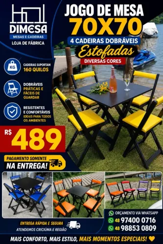Conjunto estofado, mesa 70x70 com 4 cadeiras dobráveis
