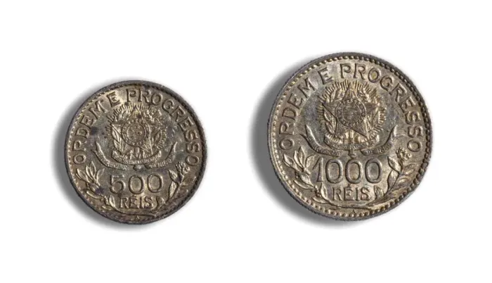 Lote de 2 moedas de 500 e 1000 Réis Bras. - MBC. 90% Prata. Ano 1913