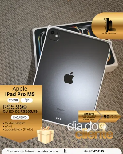 IPAD PRO M5, 256GB, TELA 11 POL., SPACE BLACK, SEMINOVO, EXCLUSIVO!