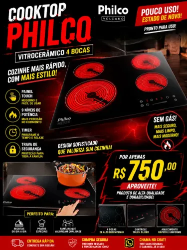VENDO  COOKTOP PHILCO VOLCANO VITROCERÂMICO ? DESIGN SOFISTICADO + POUCO USO