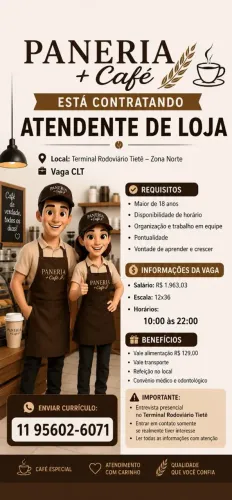 Vagas Fast food , Cafeteria 
