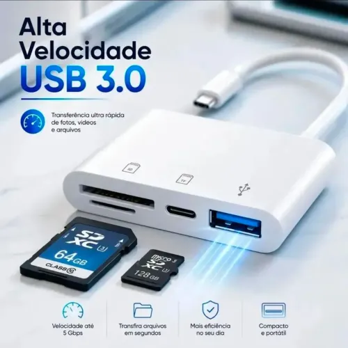 Adaptador usb C 3.0 pra cartão de memória e pen-drive
