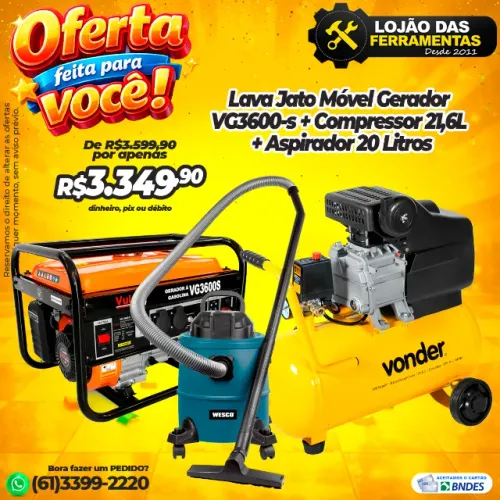 Lava Jato Móvel Gerador VG3600-s + Compressor 21,6L + Aspirador 20 Litros