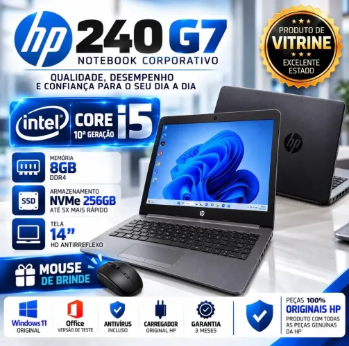 Notebook HP 240 G7 Core i5 10ª Geração, 8GB RAM, SSD 256GB, Windows 11