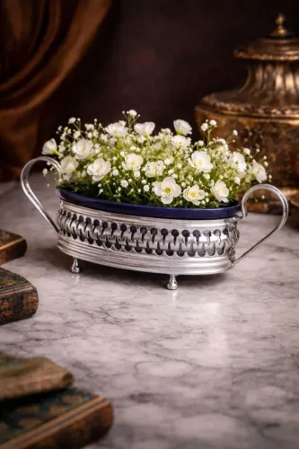 Centro de mesa com suporte metálico e cuba em porcelana azul cobalto (removível)<br>