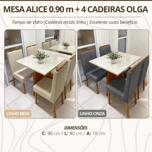 Mesa de Jantar Alice com 4 cadeiras 0.90m