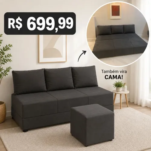 Sofá CAMA Sofanete com ALMOFADAS + PUFF 