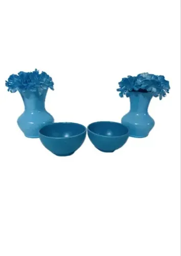 Kit 2 Vasos De Cerâmica(sem As Flores)e 2 Tigelas Azul Bebê
