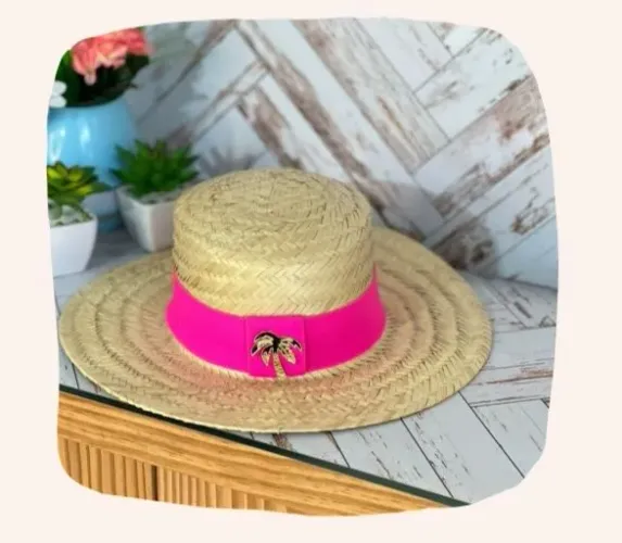 Chapéu de Sol de Palha com Detalhe em Laço Rosa