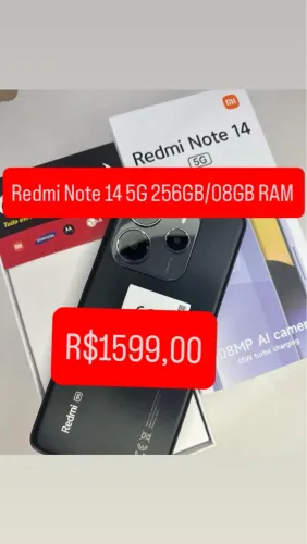 Redmi Note 14 5G NFC 256GB/08GB RAM Novo + Entrega Grátis Capa Película Fone 