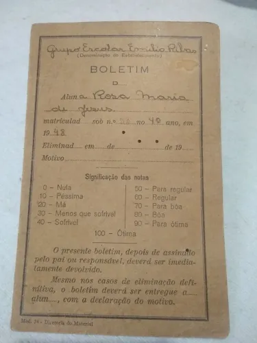 Antigo boletim escolar Emílio Ribas anos 40