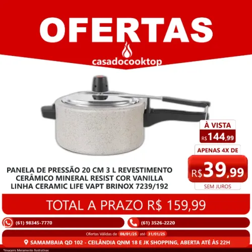 Panela de Pressão 20 cm 3L Revest. Cerâmico Mineral Resist Cor Vanilla Linha Ceramic Life 